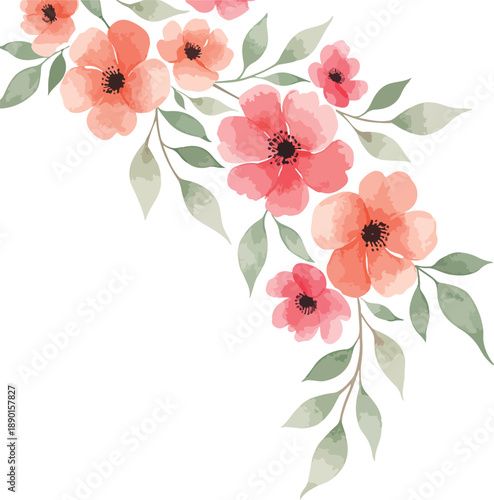 Beautiful pink rose floral bouquet with green leaf accents and summer poppy blossoms in a vector illustration design for a spring nature wallpaper card