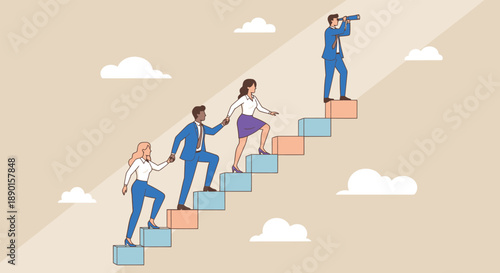 Business people climbing up colorful blocks to reach goals