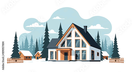 Scandinavian-style house in a snowy village with pine trees, modern flat vector illustration highlighting Nordic residential architecture and winter lifestyle