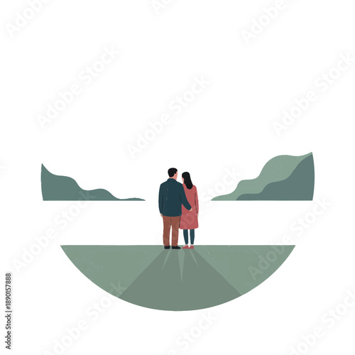 Back view of young couple holding hands and looking at horizon, man and woman together in relationship traveling concept