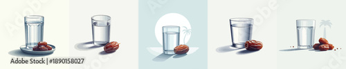 Vector of a glass of water and dates. Ramadan theme. Vector, minimalist, illustration, icon set.