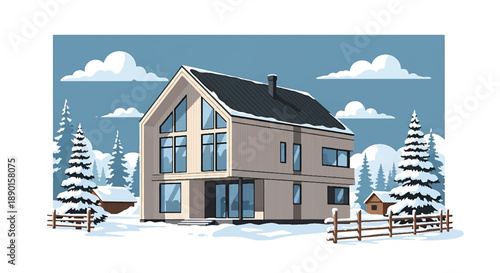 Scandinavian-style house in a snowy village with pine trees, modern flat vector illustration highlighting Nordic residential architecture and winter lifestyle