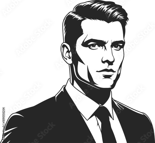 A striking black and white illustration depicts a sharply dressed man with a confident serious expression