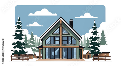 Scandinavian-style house in a snowy village with pine trees, modern flat vector illustration highlighting Nordic residential architecture and winter lifestyle