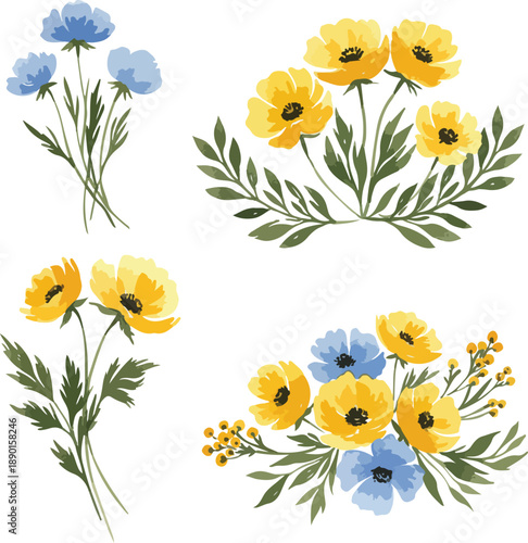 A beautiful bouquet of yellow spring flowers including tulips and daffodils set against green leaves in a garden field illustration for floral nature decoration