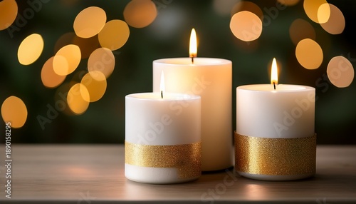 Three Elegantly Arranged White Candles With Golden Bases Glowing Softly Against A Blurred Background Perfect For Evoking A Warm And Inviting Atmosphere In Any Setting
