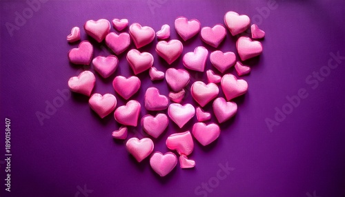 A Vibrant Display Of Pink Hearts Against A Purple Background Viewed From Directly Above Creating A Festive Atmosphere