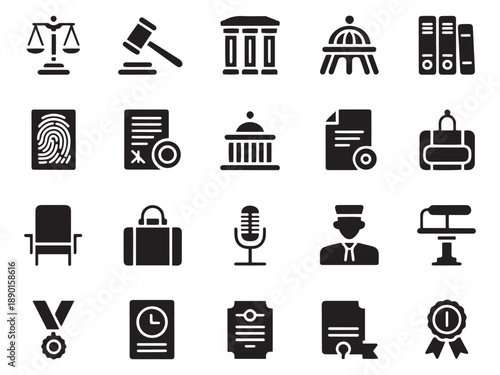 Collection of 20 glyph style law and justice icons for legal services websites