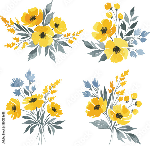 A decorative set of spring daisy vector flowers and floral design elements featuring yellow blossoms and green leaf patterns for a seamless summer nature wallpaper illustration or bouquet card