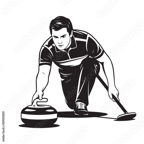 Curler curling stone on ice rink wearing sports uniform determined expression intense focus game strategy athletic posture preparing to slide delivering stone winter sport