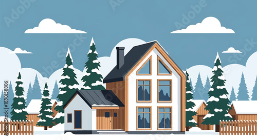 Scandinavian-style house in a snowy village with pine trees, modern flat vector illustration highlighting Nordic residential architecture and winter lifestyle