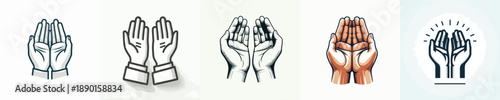 Vector hand gestures in prayer. Ramadan theme. Vector, minimalist, illustration, icon set.