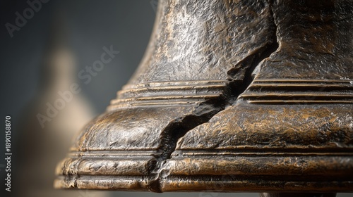 Close-up of large bronze bell with deep vertical crack and aged patina. Textured surface suggests historical significance. Ideal for heritage, symbolism, and editorial visuals.