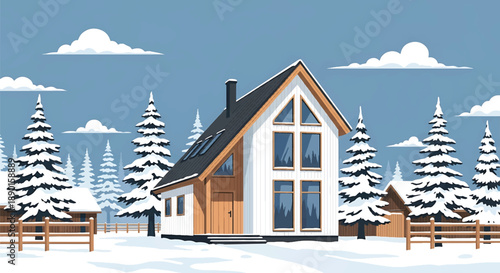 Scandinavian-style house in a snowy village with pine trees, modern flat vector illustration highlighting Nordic residential architecture and winter lifestyle