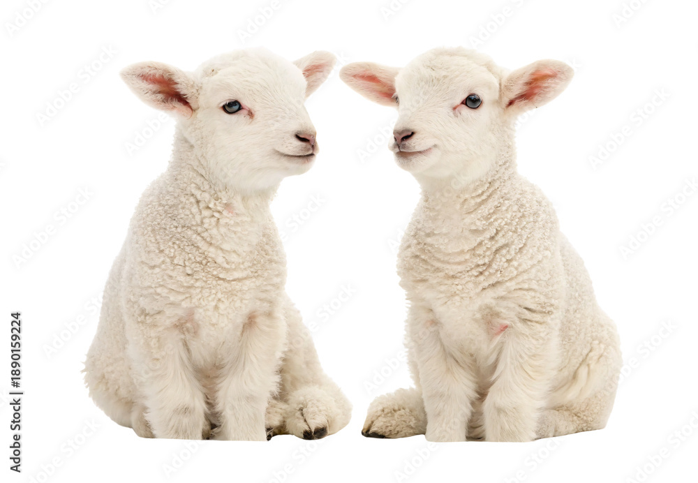 Fototapeta premium Two white baby lambs facing each other with fluffy wool coats, isolated on a transparent background