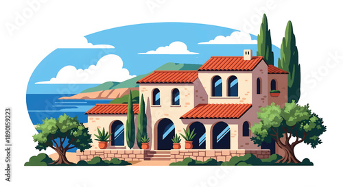 Mediterranean coastal house with arched windows and olive trees, modern flat vector illustration showing warm seaside residential architecture and lifestyle