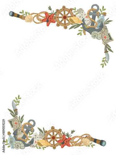 Adventure-themed decorative frame with a treasure chest full of gold coins, a pirate flag, an anchor, and a map. Isolated vector illustration for game design or party decor.