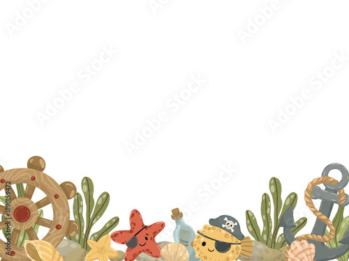 Cartoon sea animal border with a cute whale, dolphin, and puffer fish in pirate hats. Decorated with seaweed and shells on a white background. Great for children's stationery.