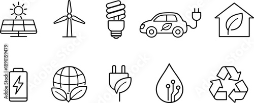 Collection of clean energy and sustainability icons including solar, wind, and electric car