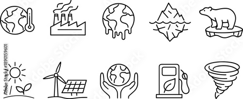 Collection of climate change and environmental protection icons representing global warming and sustainability