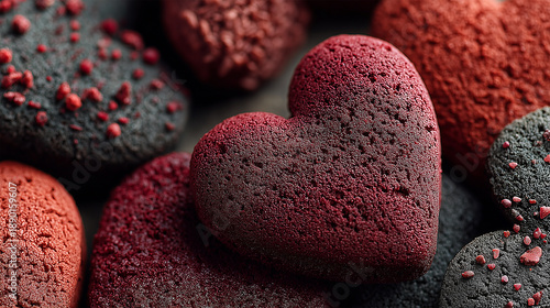Colorful heart shaped cookies close up background - ai generative
