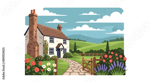 British countryside cottage with garden and stone path, modern flat vector illustration showing classic rural residential architecture and peaceful living