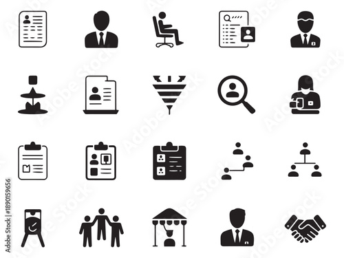 Collection of 20 glyph style icons for human resources and business concepts