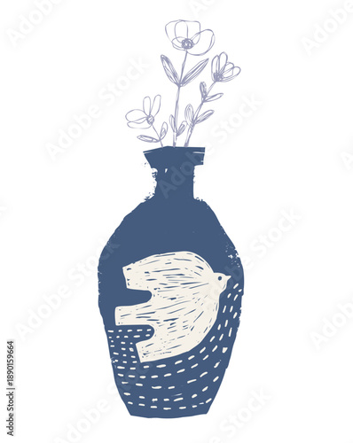 Hand painted vector ceramic vase with flowers and bird pattern, Organic clay object for pottery workshops posters and brochures