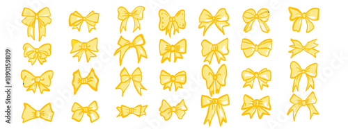 Set of yellow hand drawn bow ribbons isolated on white background. Cute decorative knot illustrations for gift wrapping, wedding invitations, greeting cards, stickers, scrapbook and branding design.