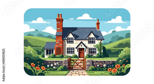 British countryside cottage with garden and stone path, modern flat vector illustration showing classic rural residential architecture and peaceful living