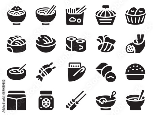 Collection of 20 glyph style food icons featuring asian cuisine and fast food favorites