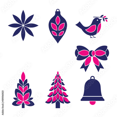 A flat duotone graphic illustration shows six minimalist Christmas tree floral ornaments shaped geometrically star, bow, bird, bell, abstract pine , utilizing a vibrant Navy Blue and Bright Magenta pa