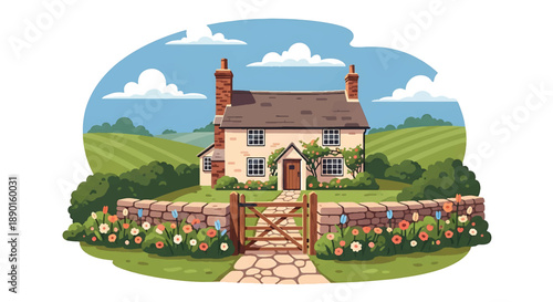 British countryside cottage with garden and stone path, modern flat vector illustration showing classic rural residential architecture and peaceful living
