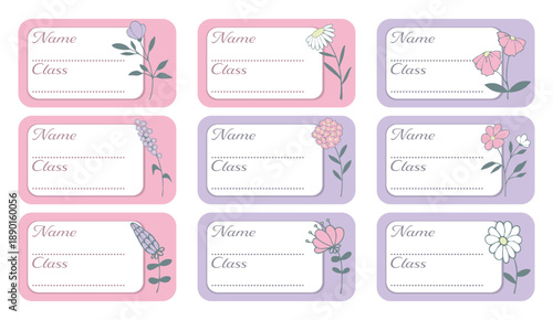 Notebook labels with cute kids icons of flowers, colorful design, template for school book labels. Set bright name stickers for notebook. Back to school labels. Name and Class