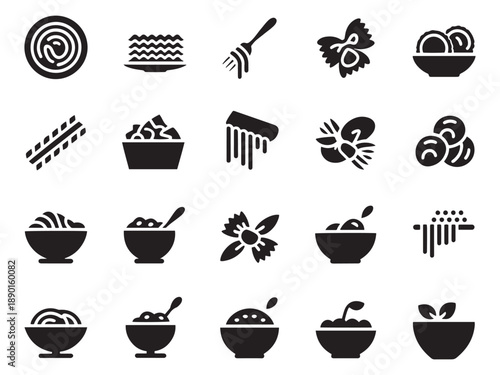 Collection of food and drink icons in glyph style ideal for menus and recipes