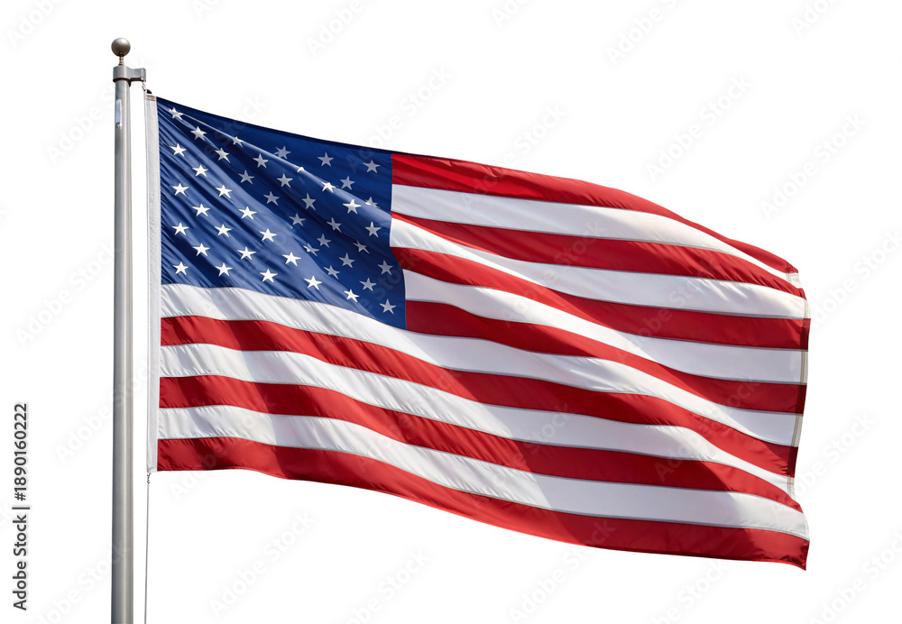 Fototapeta premium American flag waving on silver pole with stars and stripes visible, isolated on a transparent background