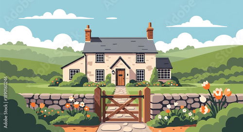 British countryside cottage with garden and stone path, modern flat vector illustration showing classic rural residential architecture and peaceful living