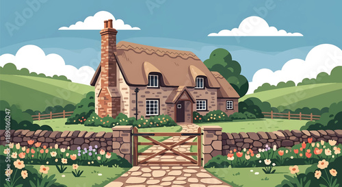British countryside cottage with garden and stone path, modern flat vector illustration showing classic rural residential architecture and peaceful living