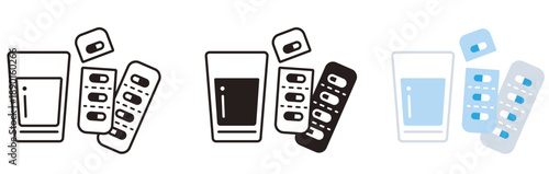 薬のアイコンセット。グラスとカプセル、錠剤。薬局、ヘルスケア、飲み薬。Medicine icon set.