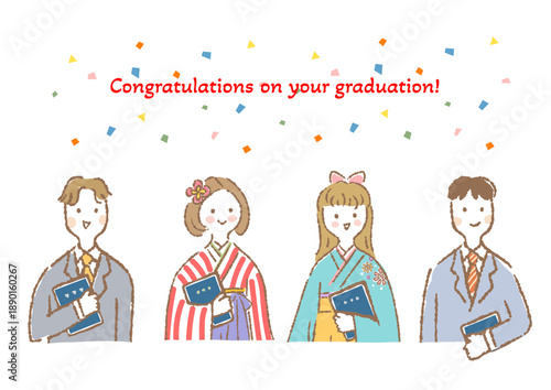 卒業証書を持つ正装した学生男女4人の上半身イラスト