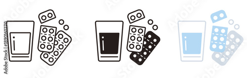 薬のアイコンセット。グラスと錠剤。薬局、ヘルスケア、飲み薬。Medicine icon set.