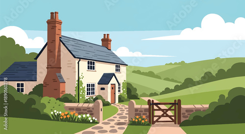 British countryside cottage with garden and stone path, modern flat vector illustration showing classic rural residential architecture and peaceful living