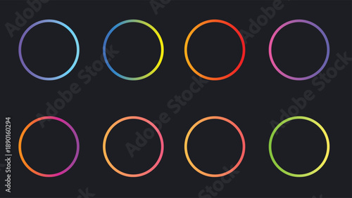 Eight colorful gradient circular frames on a dark background, showcasing a spectrum of vibrant hues in a minimalist abstract design.