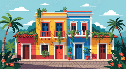 Colorful Latin American house with balconies and plants, modern flat vector illustration showing vibrant urban residential architecture and culture