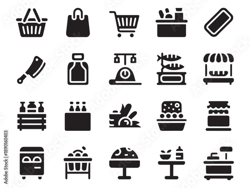 Collection of 20 grocery and shopping glyph style icons for e-commerce and retail design