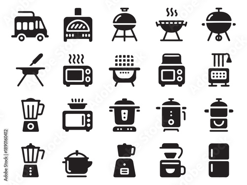 Diverse kitchen appliance glyph icons set for cooking and food preparation designs