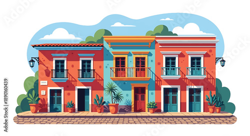 Colorful Latin American house with balconies and plants, modern flat vector illustration showing vibrant urban residential architecture and culture
