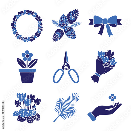 Eight stylized duotone icons depict winter botanical arrangements, including a festive wreath, pinecones, cyclamen, and gardening shears, rendered in a striking Navy Blue and Bright Blue color scheme