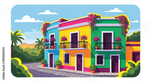 Colorful Latin American house with balconies and plants, modern flat vector illustration showing vibrant urban residential architecture and culture