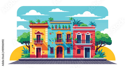Colorful Latin American house with balconies and plants, modern flat vector illustration showing vibrant urban residential architecture and culture